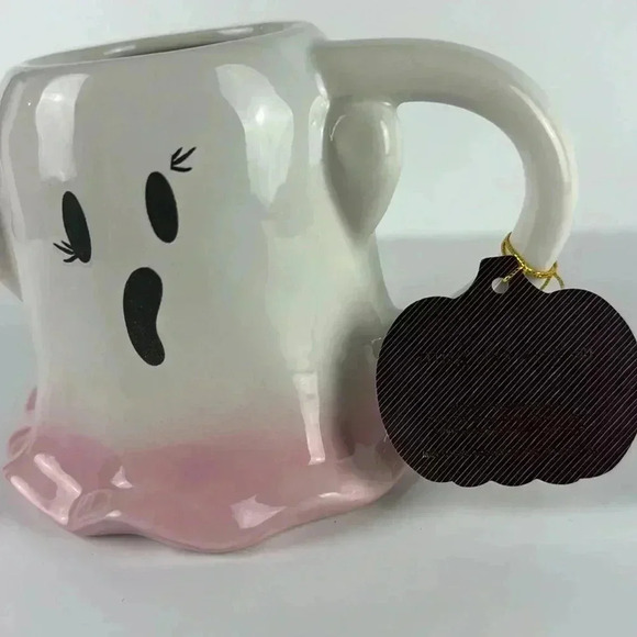 HALLOWEEN GHOST TEA POT MUG WITH PINK RUFFLE BOTTOM VERY CUTE 18 FL OZ BOOOO NWT - Picture 2 of 9